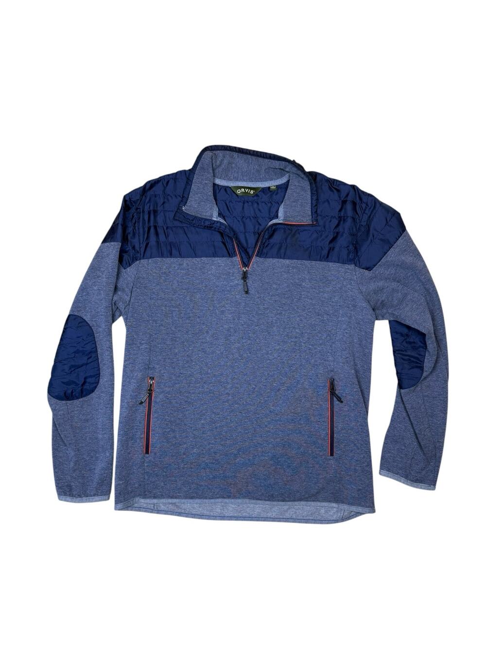 Orvis Men's Blue Mixed Media Quilted Quarter Zip Pullover Sweatshirt Medium